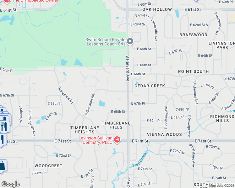 map of restaurants, bars, coffee shops, grocery stores, and more near 3150 E 67th St in Tulsa