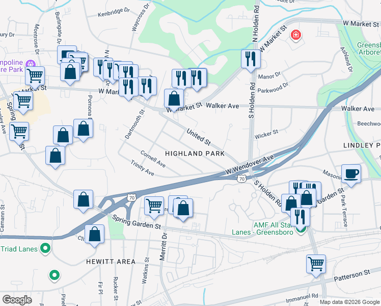 map of restaurants, bars, coffee shops, grocery stores, and more near 4230 Princeton Avenue in Greensboro