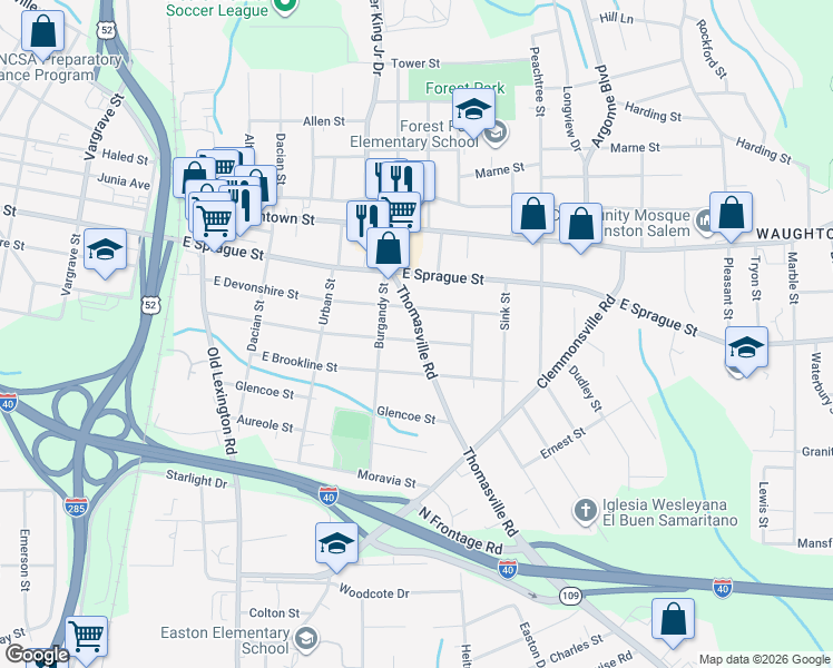 map of restaurants, bars, coffee shops, grocery stores, and more near 931 Goldfloss Street in Winston-Salem