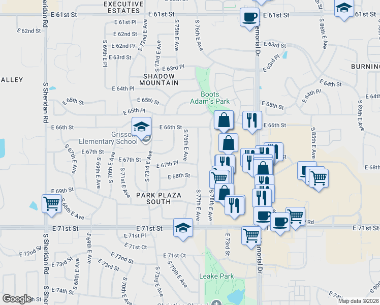 map of restaurants, bars, coffee shops, grocery stores, and more near 6649 S 76th E Ave in Tulsa