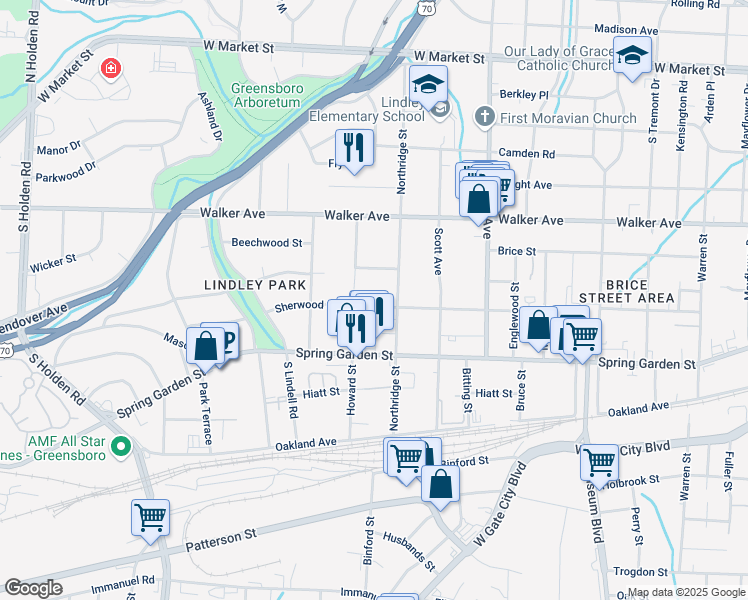 map of restaurants, bars, coffee shops, grocery stores, and more near 2408 Sherwood Street in Greensboro