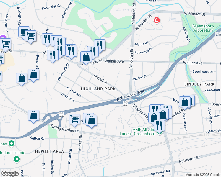 map of restaurants, bars, coffee shops, grocery stores, and more near 4219 United Street in Greensboro