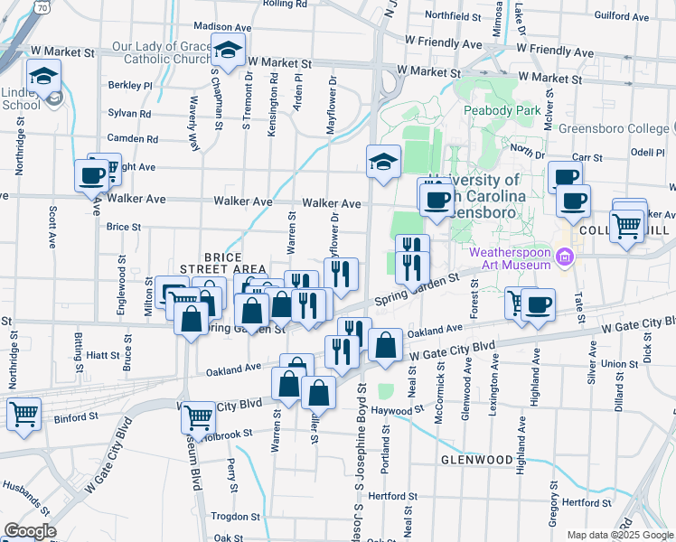 map of restaurants, bars, coffee shops, grocery stores, and more near 703 Mayflower Drive in Greensboro