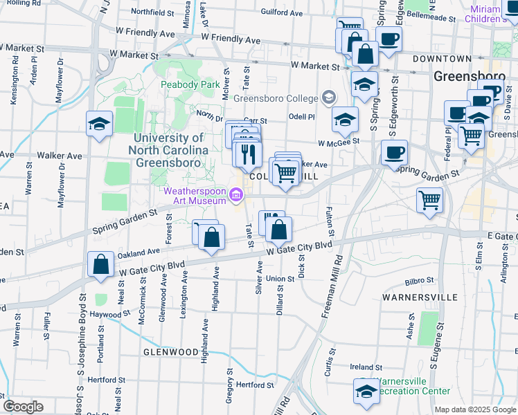 map of restaurants, bars, coffee shops, grocery stores, and more near 608 Joyner Street in Greensboro