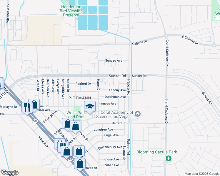 map of restaurants, bars, coffee shops, grocery stores, and more near 525 Tabony Avenue in Henderson