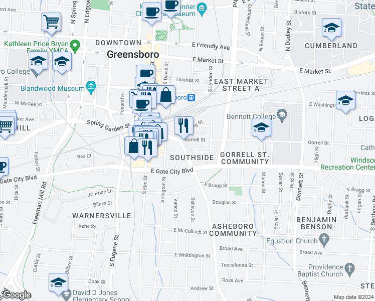 map of restaurants, bars, coffee shops, grocery stores, and more near 337 Martin Luther King Junior Drive in Greensboro