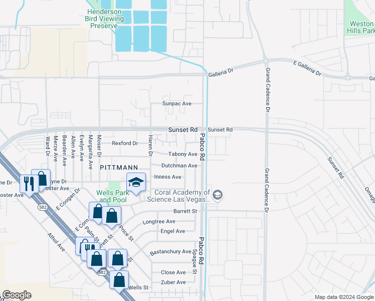 map of restaurants, bars, coffee shops, grocery stores, and more near 549 Tabony Avenue in Henderson