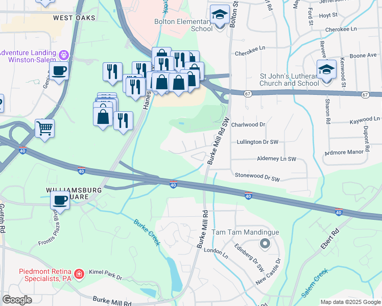 map of restaurants, bars, coffee shops, grocery stores, and more near 150 Charlestowne Cir SW in Winston-Salem