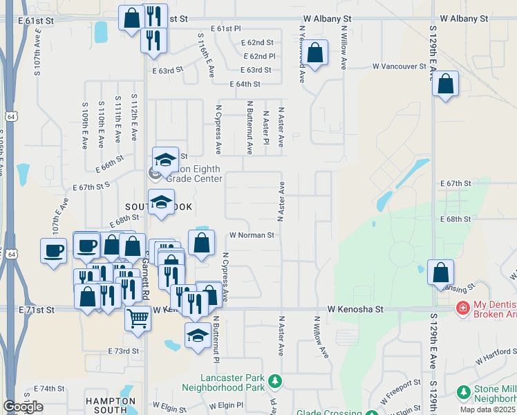 map of restaurants, bars, coffee shops, grocery stores, and more near 4425 West Princeton Street in Broken Arrow