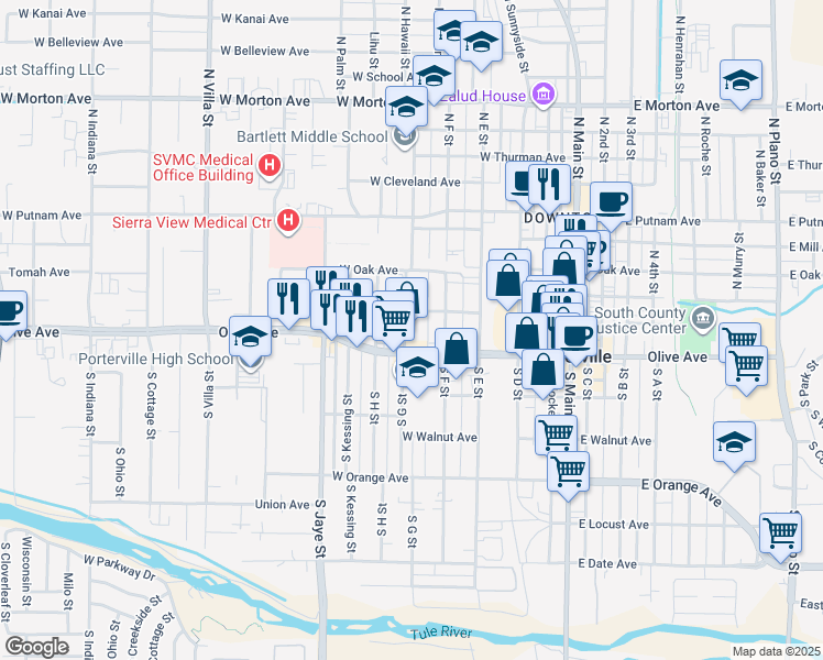 map of restaurants, bars, coffee shops, grocery stores, and more near 36 South G Street in Porterville