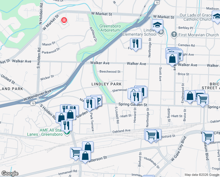 map of restaurants, bars, coffee shops, grocery stores, and more near 707 South Lindell Road in Greensboro