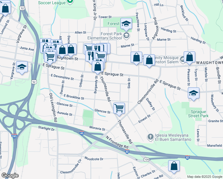 map of restaurants, bars, coffee shops, grocery stores, and more near 1011 Goldfloss Street in Winston-Salem