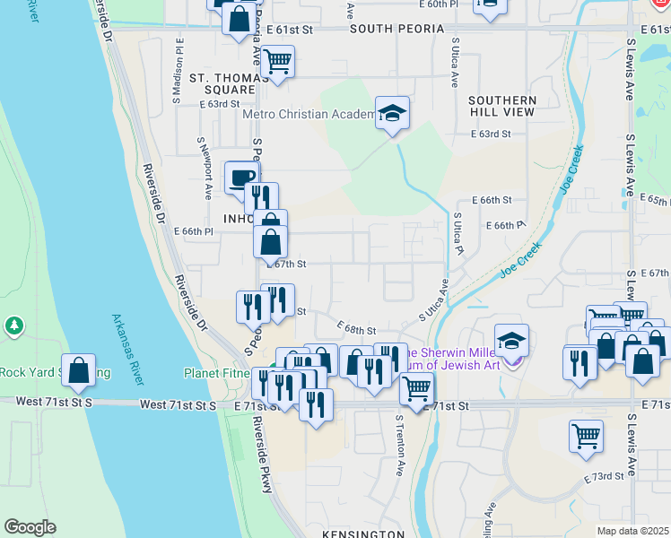 map of restaurants, bars, coffee shops, grocery stores, and more near 1522 East 67th Street in Tulsa