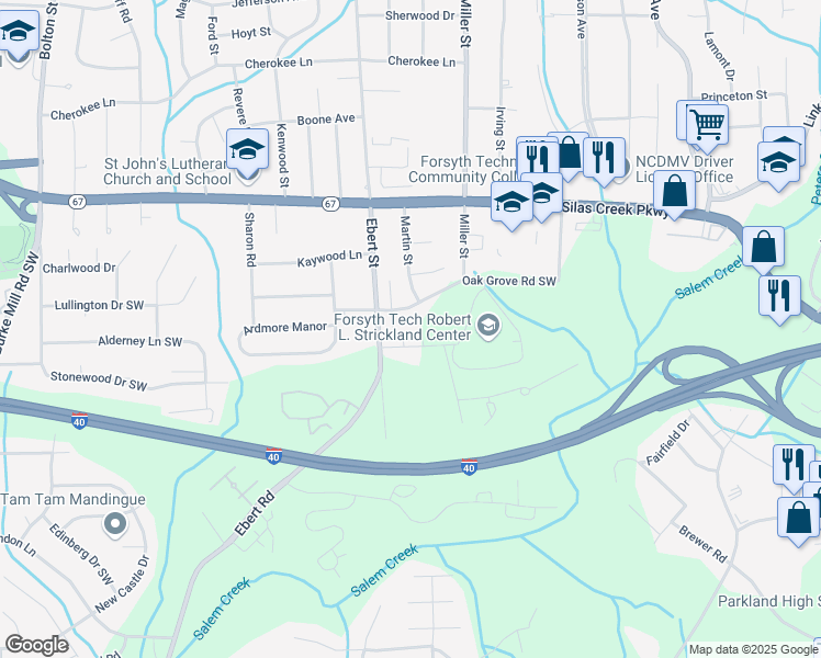 map of restaurants, bars, coffee shops, grocery stores, and more near 1801 Geneva Road in Winston-Salem
