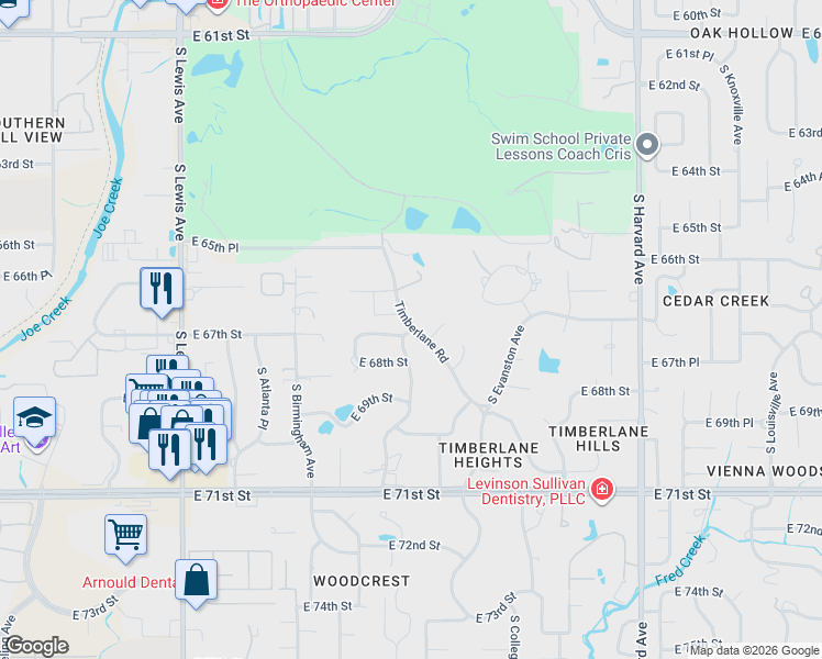 map of restaurants, bars, coffee shops, grocery stores, and more near 6700 Timberlane Road in Tulsa