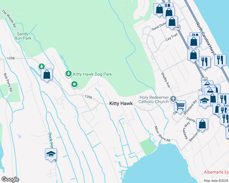 map of restaurants, bars, coffee shops, grocery stores, and more near 800 West Kitty Hawk Road in Kitty Hawk