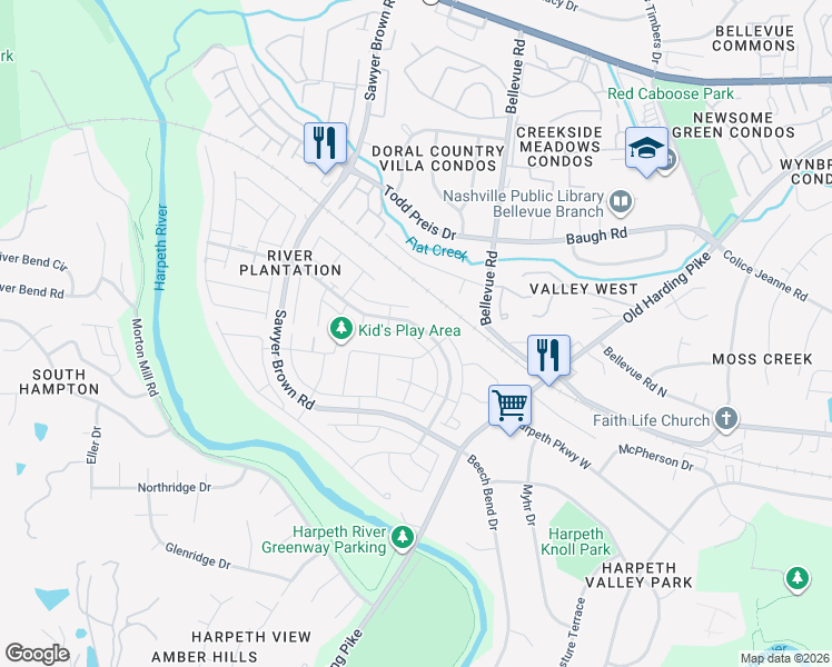 map of restaurants, bars, coffee shops, grocery stores, and more near 725 General George Patton Road in Nashville