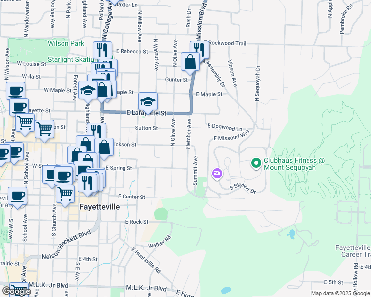 map of restaurants, bars, coffee shops, grocery stores, and more near 301 Fletcher Avenue in Fayetteville