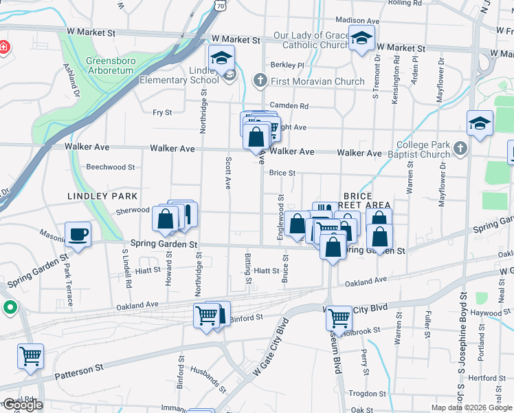 map of restaurants, bars, coffee shops, grocery stores, and more near 724 South Elam Avenue in Greensboro