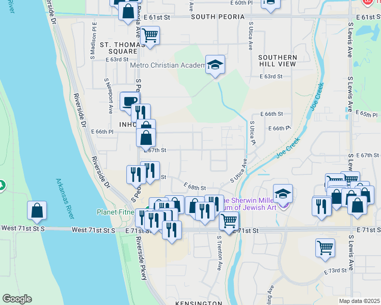 map of restaurants, bars, coffee shops, grocery stores, and more near 1522 East 67th Street in Tulsa