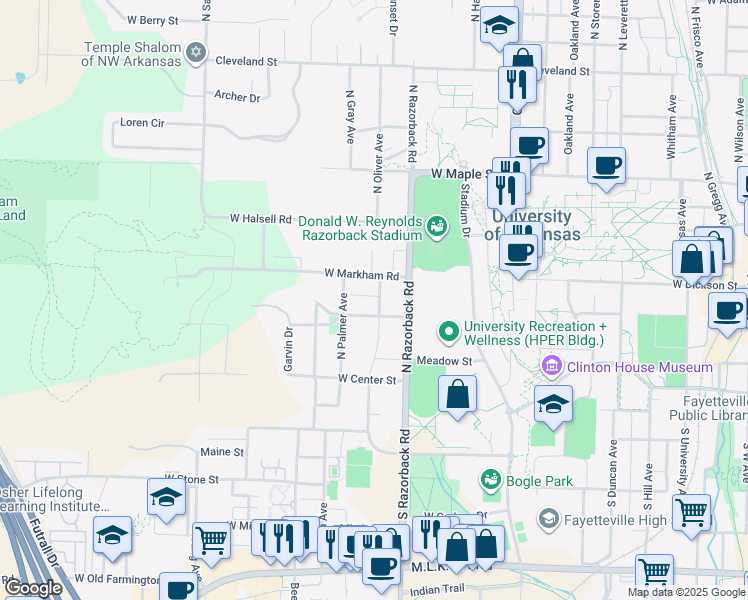 map of restaurants, bars, coffee shops, grocery stores, and more near 221 Thomas Avenue in Fayetteville