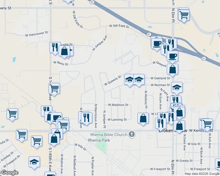 map of restaurants, bars, coffee shops, grocery stores, and more near 1020 West Norman Street in Broken Arrow