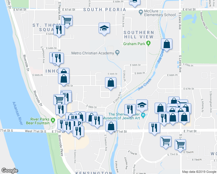 map of restaurants, bars, coffee shops, grocery stores, and more near 1546 East 67th Street in Tulsa