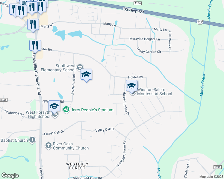 map of restaurants, bars, coffee shops, grocery stores, and more near 1628 Springfield Way Drive in Clemmons