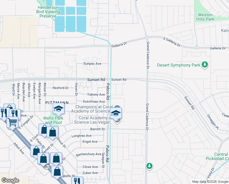map of restaurants, bars, coffee shops, grocery stores, and more near 627 Balsawood Street in Henderson