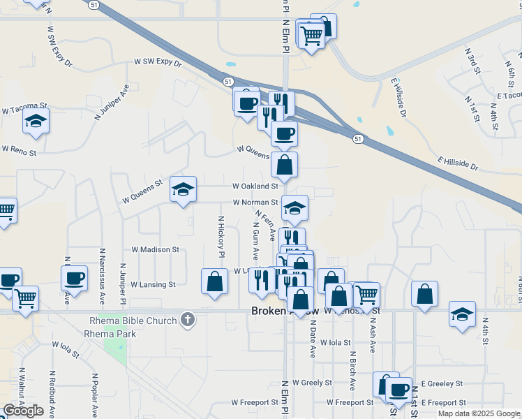 map of restaurants, bars, coffee shops, grocery stores, and more near 1165 North Fern Avenue in Broken Arrow