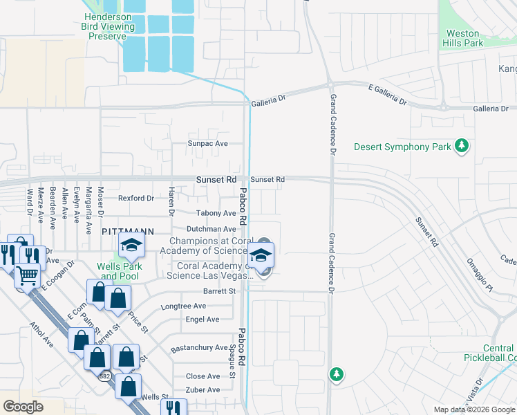 map of restaurants, bars, coffee shops, grocery stores, and more near 627 Balsawood Street in Henderson