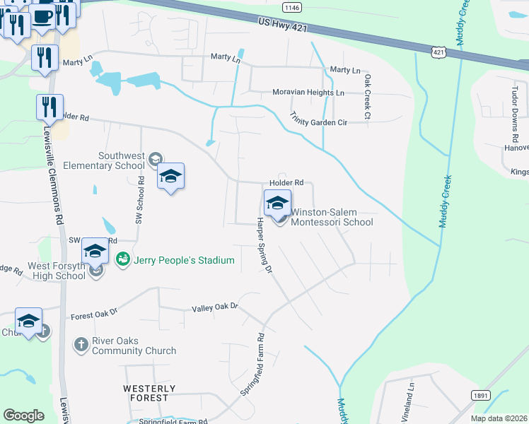 map of restaurants, bars, coffee shops, grocery stores, and more near 1637 Harper Spring Dr in Clemmons