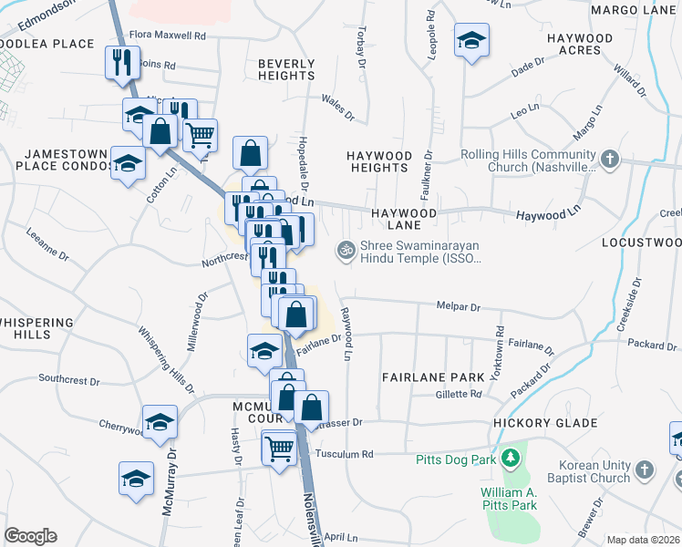 map of restaurants, bars, coffee shops, grocery stores, and more near 4810 Raywood Lane in Nashville