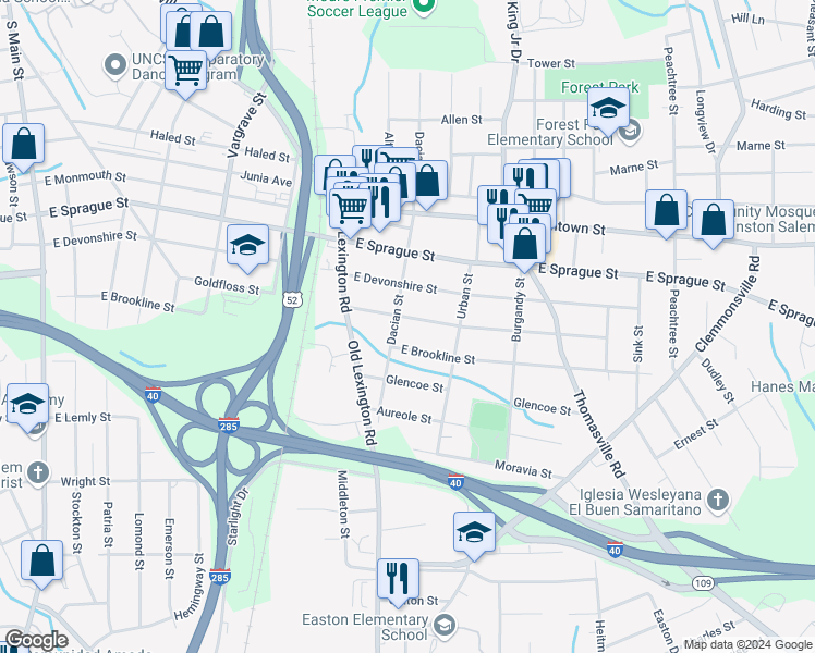map of restaurants, bars, coffee shops, grocery stores, and more near 708 Goldfloss Street in Winston-Salem
