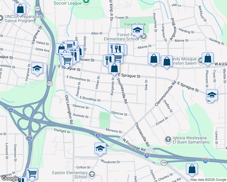map of restaurants, bars, coffee shops, grocery stores, and more near 901 Goldfloss Street in Winston-Salem