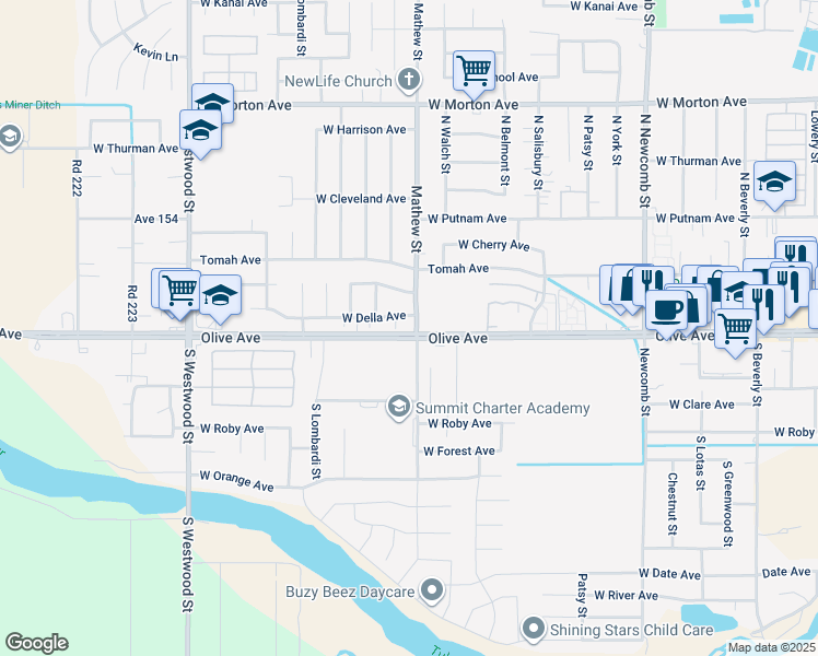 map of restaurants, bars, coffee shops, grocery stores, and more near 2006 West Olive Avenue in Porterville