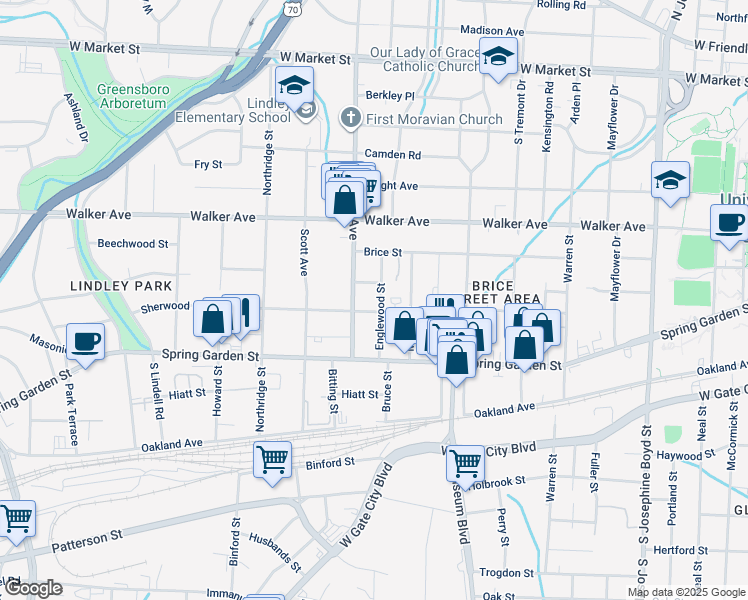 map of restaurants, bars, coffee shops, grocery stores, and more near 806 Englewood Street in Greensboro