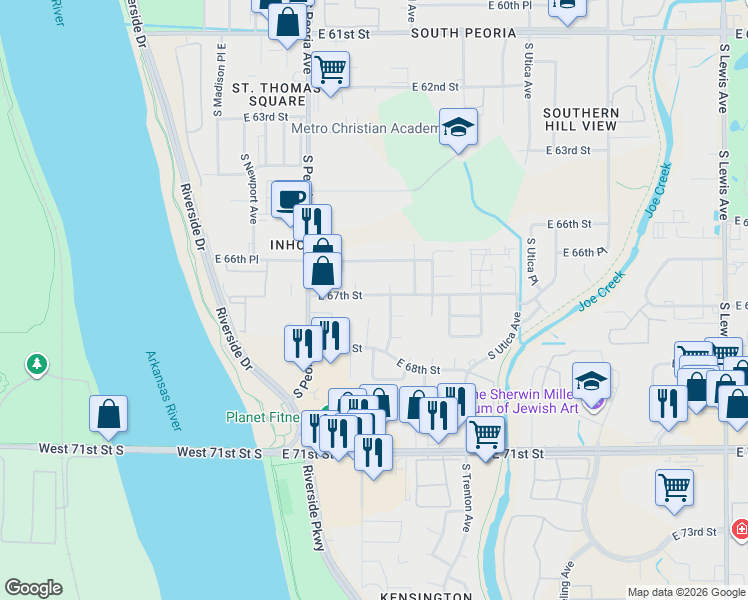 map of restaurants, bars, coffee shops, grocery stores, and more near 1408 East 67th Street in Tulsa