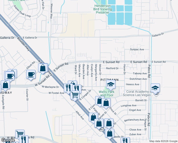 map of restaurants, bars, coffee shops, grocery stores, and more near 1913 Allen Avenue in Henderson