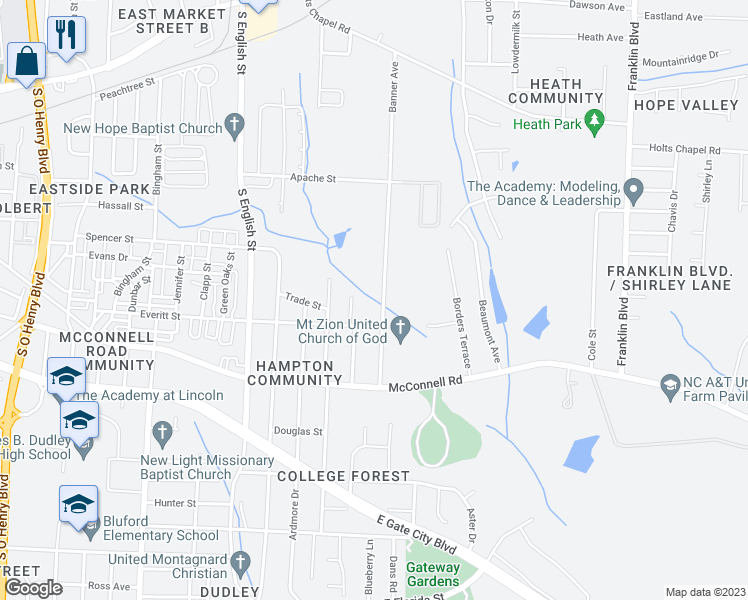 map of restaurants, bars, coffee shops, grocery stores, and more near 602 Banner Avenue in Greensboro