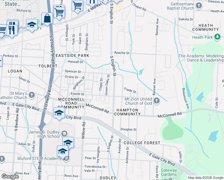 map of restaurants, bars, coffee shops, grocery stores, and more near in Greensboro