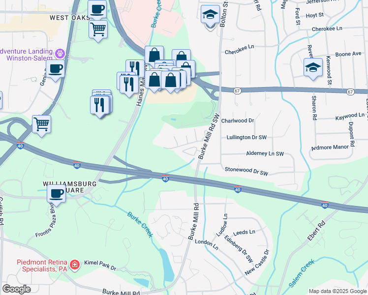 map of restaurants, bars, coffee shops, grocery stores, and more near 150 Charlestowne Circle in Winston-Salem