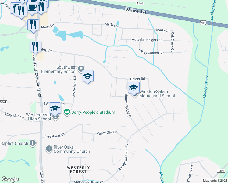 map of restaurants, bars, coffee shops, grocery stores, and more near 1628 Springfield Way Drive in Clemmons