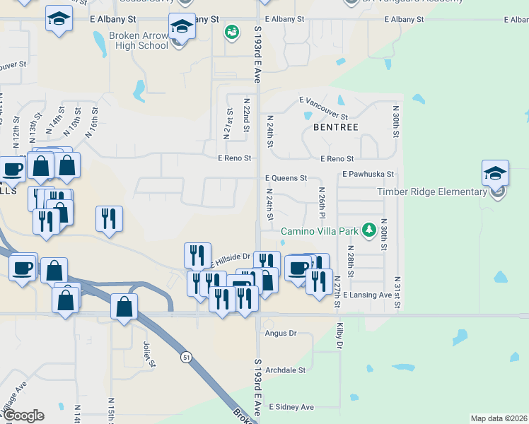 map of restaurants, bars, coffee shops, grocery stores, and more near 1412 North 24th Street in Broken Arrow