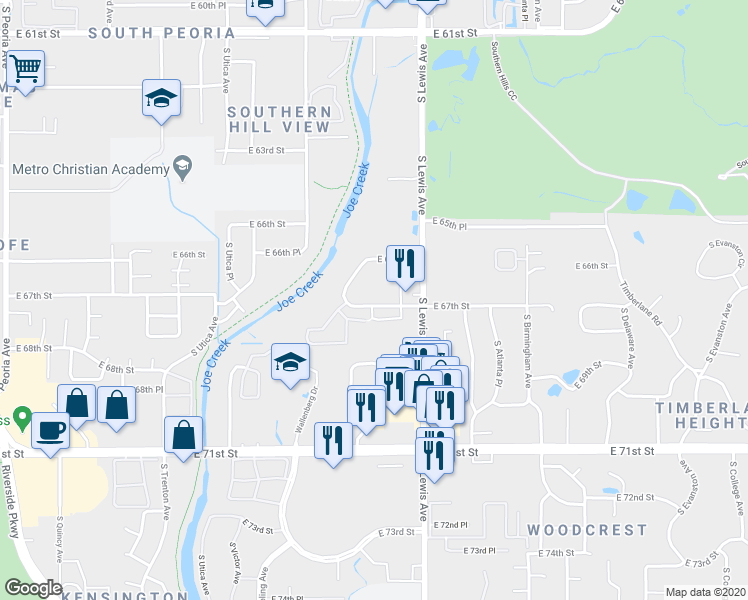 map of restaurants, bars, coffee shops, grocery stores, and more near 2211 East 67th Street in Tulsa