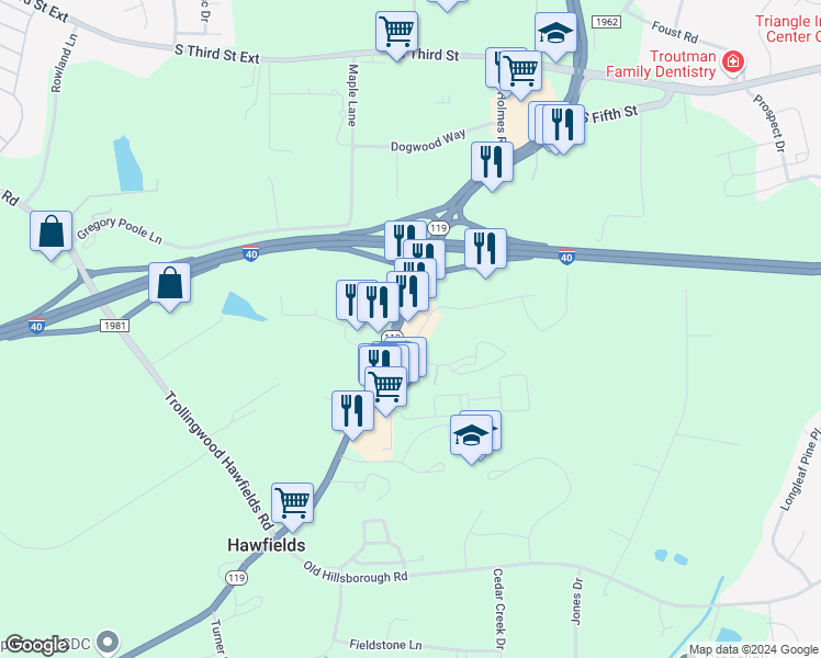 map of restaurants, bars, coffee shops, grocery stores, and more near 1710 North Carolina 119 in Mebane
