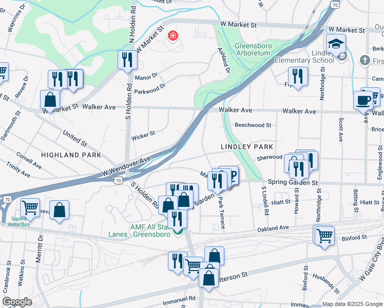map of restaurants, bars, coffee shops, grocery stores, and more near 2914 Springwood Drive in Greensboro