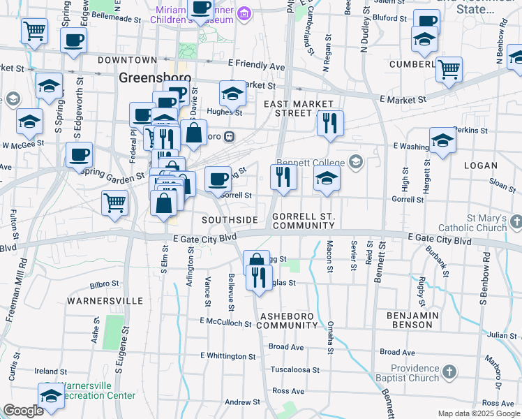 map of restaurants, bars, coffee shops, grocery stores, and more near 413 Mc Adoo Ave in Greensboro