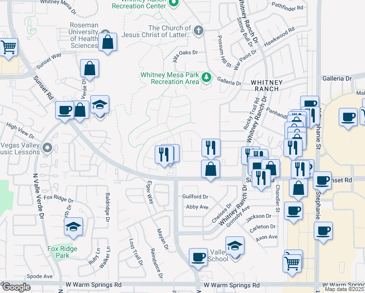 map of restaurants, bars, coffee shops, grocery stores, and more near Sunrise Cliffs Street in Henderson