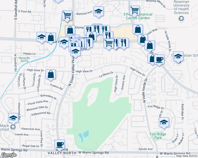 map of restaurants, bars, coffee shops, grocery stores, and more near 2907 La Mesa Drive in Henderson